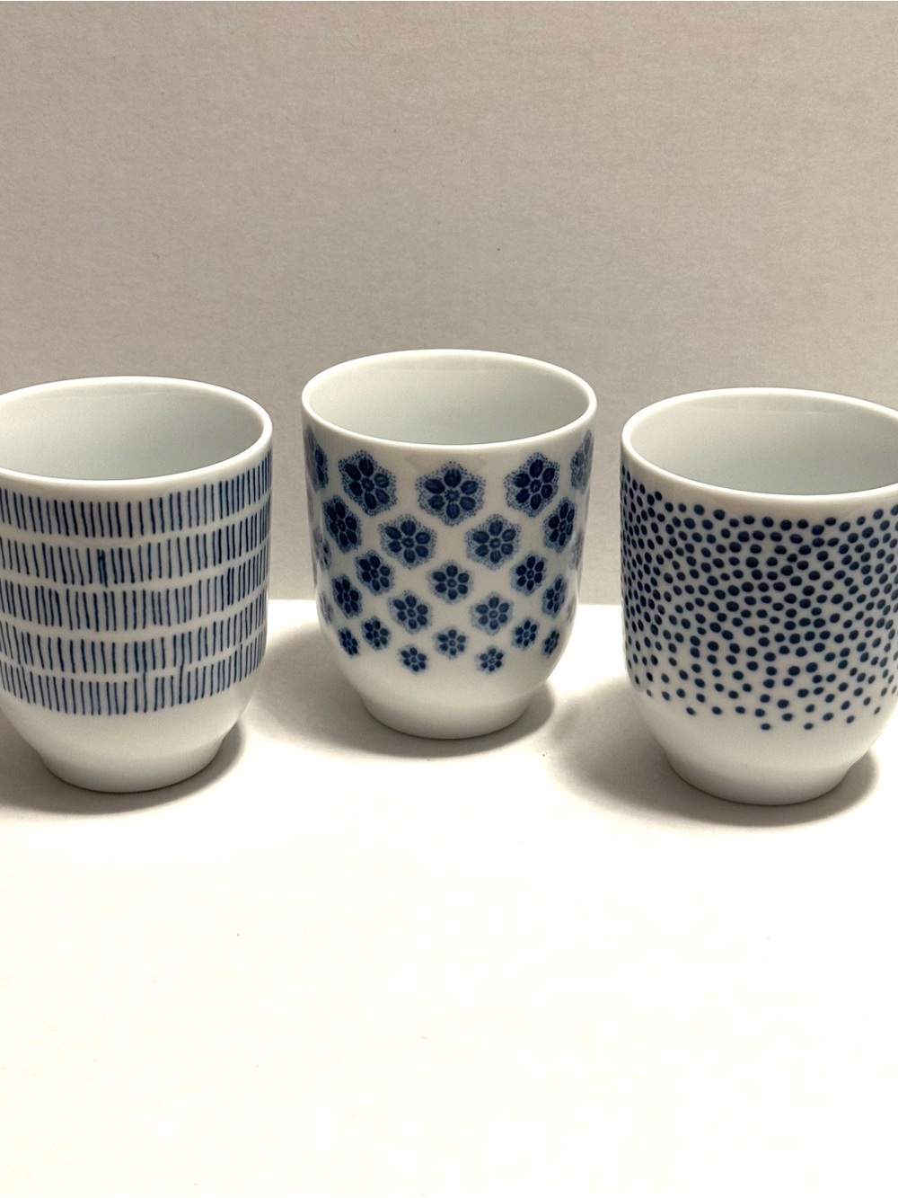 IKEA Blue and White Porcelain Saki Tea Espresso Cups No Handle Set of 3